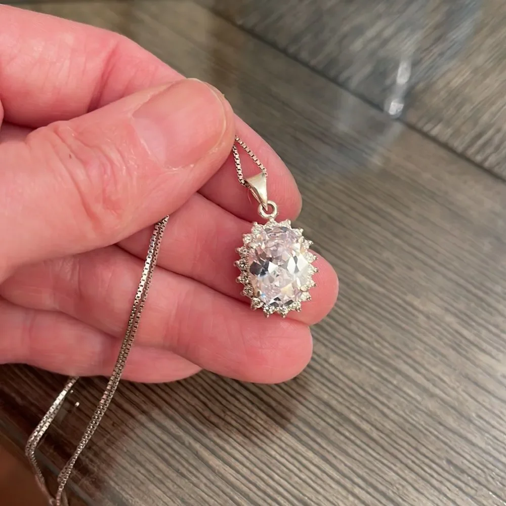 Vintage Oval Halo CZ Pendant with Sterling Silver Box Chain